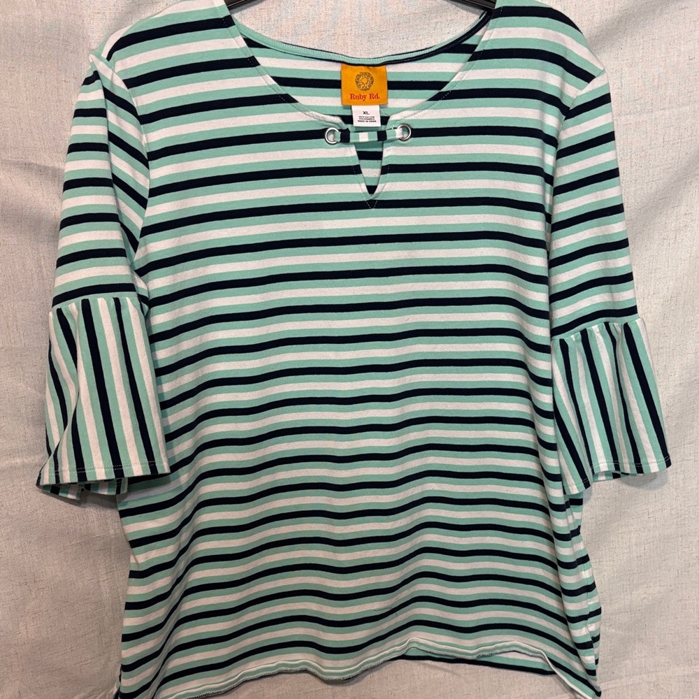 Ruby Rd. Mint & Navy Striped Bell Sleeve Tee